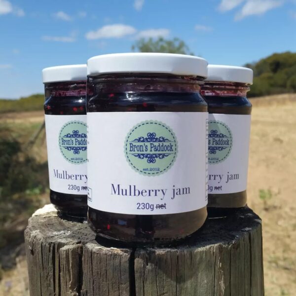 Mulberry jam, made from paddock garden fruit trees. Small batches for ultimate taste. Perfect combination on fresh bread with cream or that sponge cake you have been dreaming to bake.